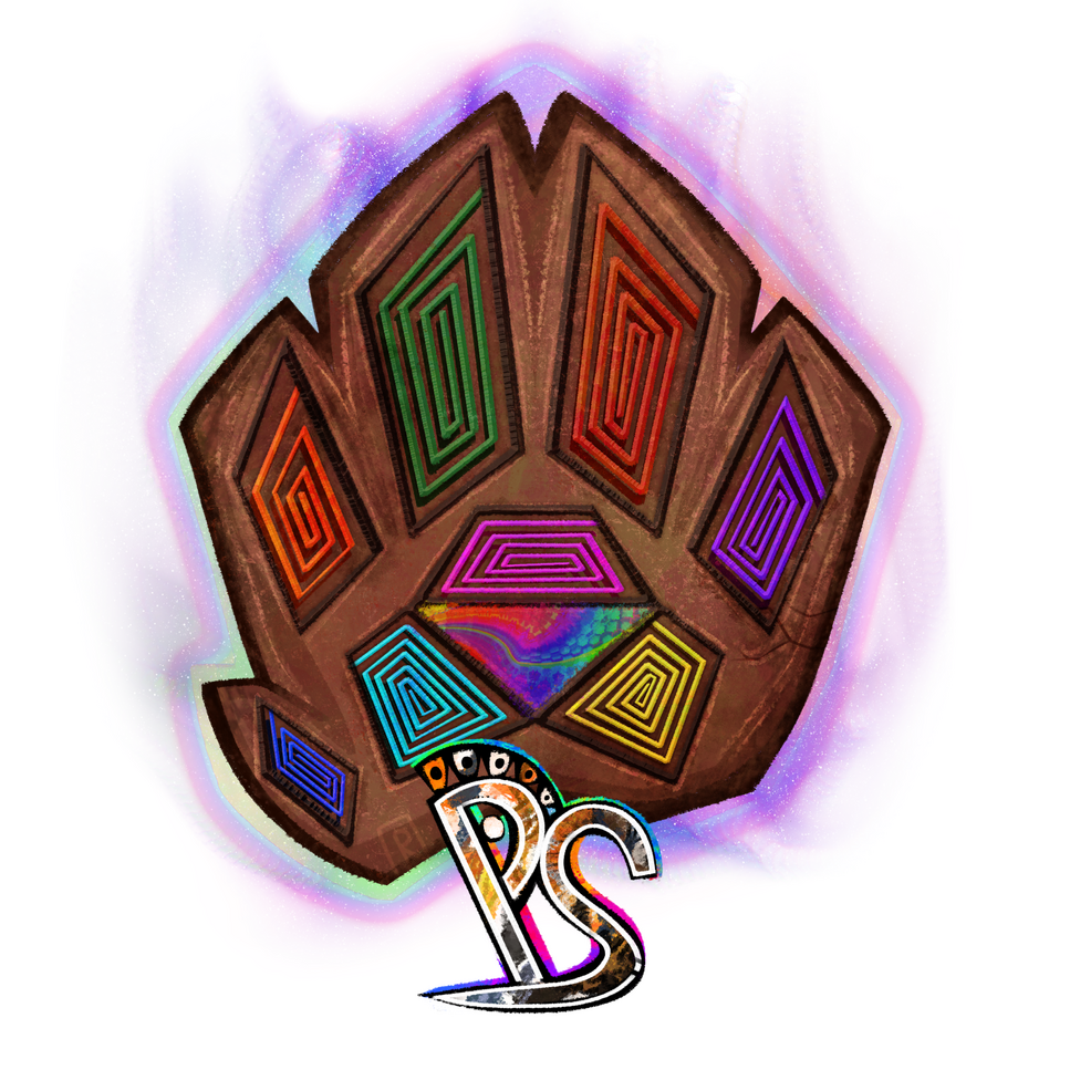 Pawstone Logo depicting a hyper-stylized, 'clay' or 'terracotta' paw, with rectangular pads decorated with rainbow-colored spirals within each pad.